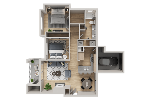 Floor plan for 2 beds, 1 bath, 956 sqft